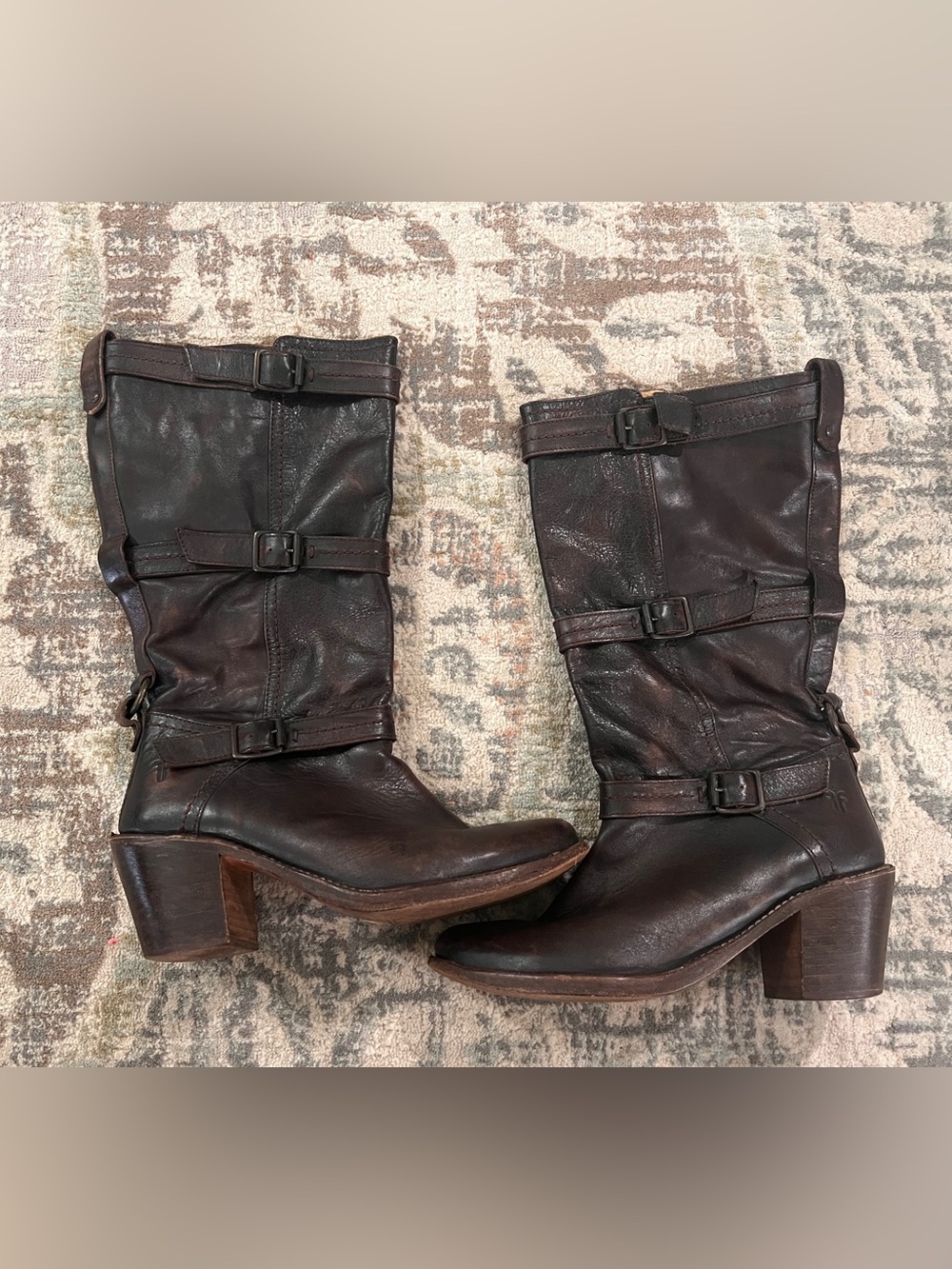 Frye Dark Brown Leather Mid-Calf Heeled Boots